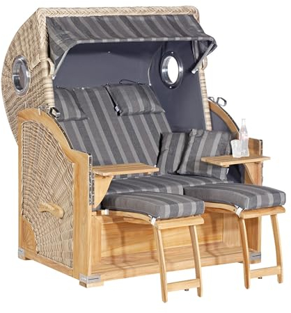 Sonnenpartner SunnySmart Garten-Strandkorb Rustikal 500 Plus Teak Comfort 3/4-Liegemodell 2-Sitzer XL antikweiß/anthrazit