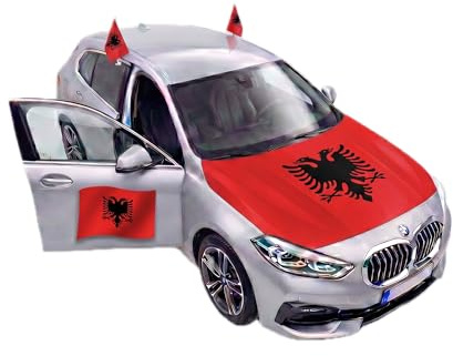 Auto Fahnen Albanien Komplett Set - Motorhaubenfahne, 2 Autofahnen Fenster & 2 Außenspiegelfahnen, Fußball Fanartikel FZG für EM & WM, Albanische Flagge Fahrzeug Deko