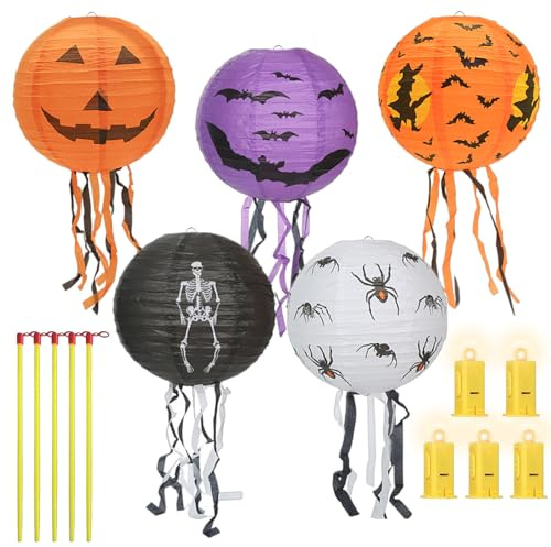 5 Stück Halloween Laterne, Halloween Papier Laternen, Halloween Lampions, Halloween Deko Laternen, Faltbar Lampenschirm Papier, Kürbis Spinnen Hängende Festival Laterne für Home Party Halloween Deko