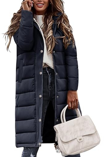Tuopuda Larga Acolchado Abrigo para Mujer Chaqueta con Capucha Abrigo Largo Ligero y Resistente al Viento con Cremallera y Bolsillos(Marina,XL)