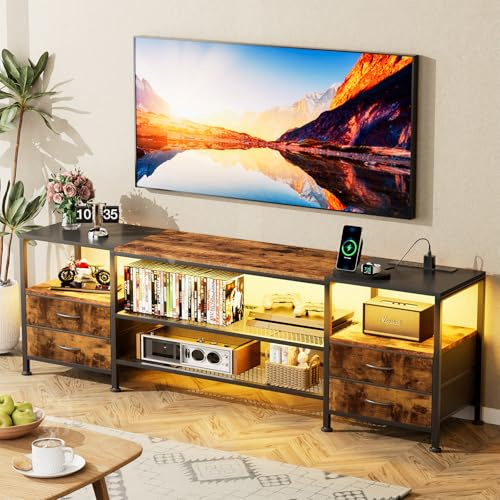 Utlenianie Mueble TV Salon 160 cm, Mueble TV Alto con iluminación LED, Estación de Carga, Puerto USB y Enchufe, Muebles de Salon TV con 4 Cajones 4 Estantes Abiertos, para Salón/Comedor