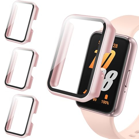 Tuocal 3 Pack PC Case Compatible with Samsung Galaxy Fit 3 Screen Protector | Tempered Glass Thin HD Full Coverage Hard PC Bumper Cases Scratch Resistant Protective Cover Pink