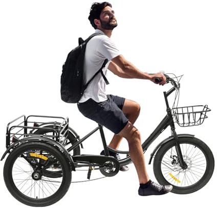 Trehjuling för vuxna, 20 tums vikbar trehjuling 7 växlar trehjuling 3 hjul cykel seniorer trehjuling fällbart hjul med LED-ljus och 2 korg, höjdjusterbar flickor pojkar kryssningscyklar