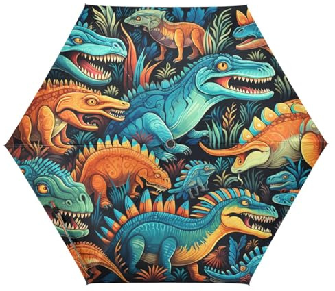 NYYYTTTEU Kinder Cartoon Wald Dinosaurier Auf-Zu Automatik Schirme Regenschirm Taschenschirm Kompakt UV-Schutz Reise Schirm für Jungen Mädchen Strand Frauen