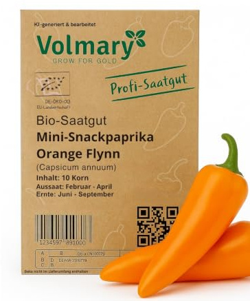 Mini-Snackpaprika Samen Flynn, F1, Bio-Samen, Gemüsesamen, Orange, kleine süße Früchte, als Ganzes essbar