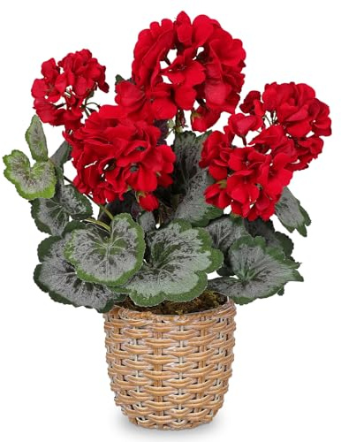 Arborus Planta artificial de geranios rojos de 37 cm en maceta tejida, flores de seda realistas en cesta rústica para interiores y exteriores, planta artificial en maceta, arreglos florales