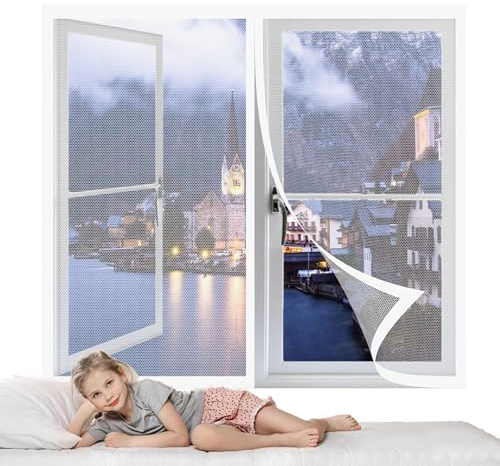 Mosquitera Ventana Abatible 75 x 79 cm sin Taladrar Anti Mosquito Insecto Cortina Entre Aire Fresco, Mantiene Insectos para Habitación Salón Ventanas, Blanco
