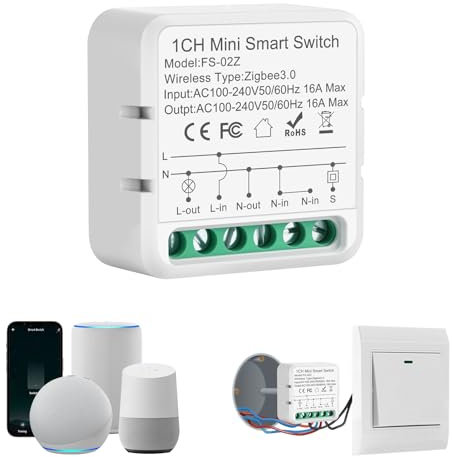 Zigbee Interruptor inteligente, ZigBee Mini Smart Switch 16A, Interruptores inteligentes compatible con Smart Life, Tuya app, Alexa, Neutral Wire Required,100V-240V