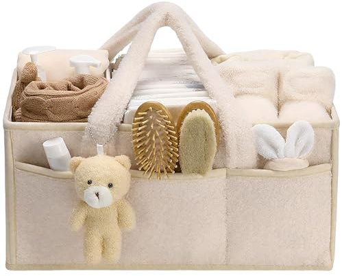 Afenau Teddybär Wickeltasche Organizer, Tragbar Wickelorganizer mit Griffen & Fächern. Wickeltasche Organizer für Unterwegs, Zuhause, Langlebig, Weiß