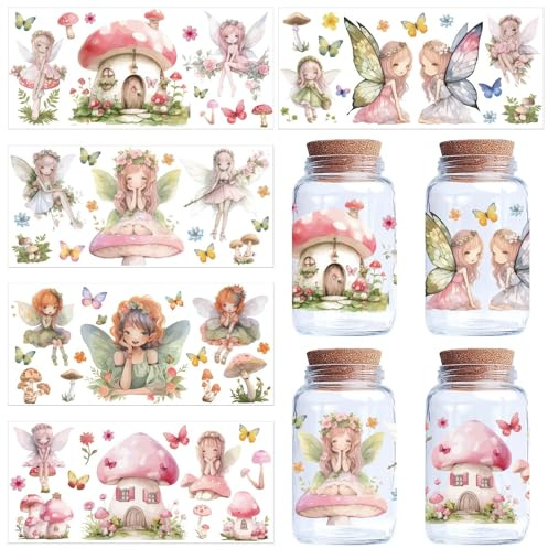 CREATCABIN 5 Stück 5 Styles Tassen Transferaufkleber Für Glasbecher Zum Aufreiben Transfers UV DTF Tassen Wrap Transferaufkleber Fee Wasserdichte Dekorative Tassenaufkleber Für Trinkgläser 24x11cm