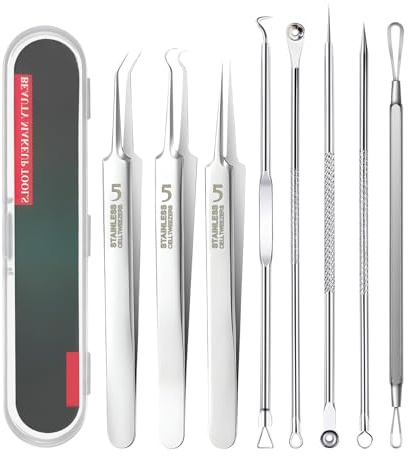 Extracteur Point Noir, 8 Pièces Tire Comédons Pince Professionnels en Acier Inoxydable pour Enlever Boutons, Acnés, Boutons sur le Visage - Blackhead Remover Outil avec Étui