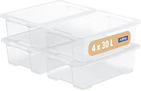 Rotho Core Basic Aufbewahrungsbox mit Deckel 4er-Set 30 L klar transparent | Aufbewahrungsboxen für Ordnung, Stapelboxen mit Deckel, verschließbar, stabil, platzsparend, pflegeleicht, transparent