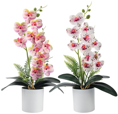 Vaskula 2 Pezzi Orchidee Finte Realistiche 43 cm Fiori Finti per Decorazioni Eleganza Fiori Artificiali in Vaso Fiore Artificiali Phalaenopsis per Tavolo Casa Ufficio (Bianco/Rosa)