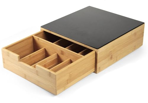 Cassetto Organizzatore Multiuso – In Legno, Divisori Interni, Piano in Vetro, Organizzatore Caffè, Cialde, Bustine Thè, Zucchero, Elegante, Salvaspazio – Angolo Caffè, Casa, Ufficio (30x32x10h cm)