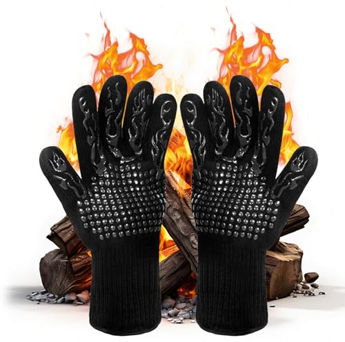 Grillhandschuhe Hitzebeständig 800℃ Feuerfeste Handschuhe | Hitzebeständige Handschuhe, Anti-Rutsch Kochhandschuhe Schwarz für Backofen Grill Kamin Küche