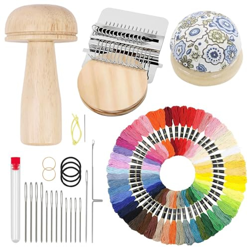 Mushroom Knit Patch Kit PatchMaker 2.0, Portable Darning Loom with 9 Pcs Large Eye Needles 50 Colors Thread for Holes Repair on Socks & Jeans, Weaving Tool Set for Quickly Sewing Repair
