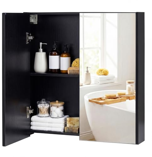 COSTWAY Spiegelschrank Bad, Badezimmerschrank mit 2 Spiegeltüren & Ablage, Badschrank, Hängeschrank, Wandschrank Holz für Schmutzräume, Eingangsbereiche & Badzimmer, 62 x 11 x 65 cm (Schwarz)
