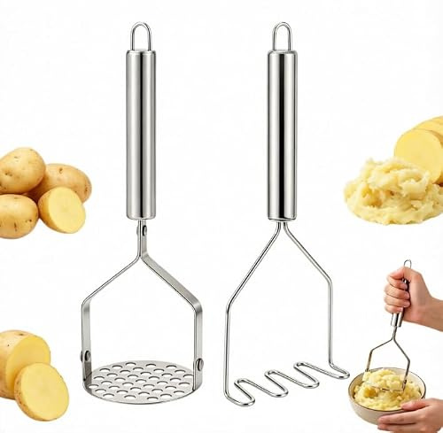 KOQAIIZ 2 Piezas Machacador de Patatas de Acero Inoxidable, Aplastador de Patatas Cocidas y Prensa Patatas Manual, Triturador de Mano Ergonómico para Puré Suave, Frutas y Verduras