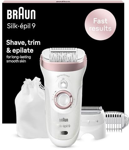 Braun Silk-épil 9 Epilator, With Shaver & Trimmer Head, Shave, Trim & Epilate For Long-Lasting Smooth Skin, Provides Smooth Skin For Weeks, 100% Waterproof, 2 Pin Bathroom Plug, 9-720, White/Pink