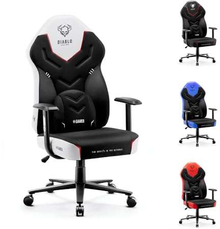 DIABLO X-Gamer 2.0 Sedia Gaming Gamer da Ufficio Design Ergonomico Cuscino Lombare Rivestimento in Tessuto Braccioli Confortevoli (Nero-Bianco)
