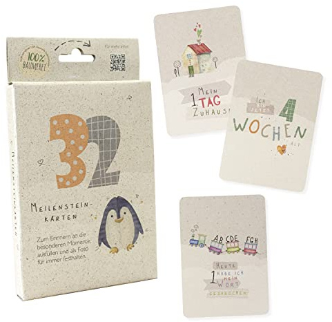 GreenLine Meilensteinkarten Baby 32 Stück Set Neutral für Jungen und Mädchen Momente und Meilensteine für das 1. Lebensjahr Karten aus 100% baumfreien Zuckerrohrpapier Skorpion Milestone Cards
