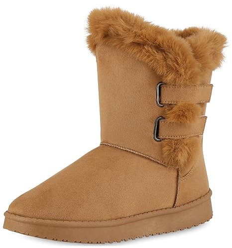 VAN HILL Damen Schlupfstiefeletten Flach Kunstfell Bequem Schuhe 813931 213487 Hellbraun 38