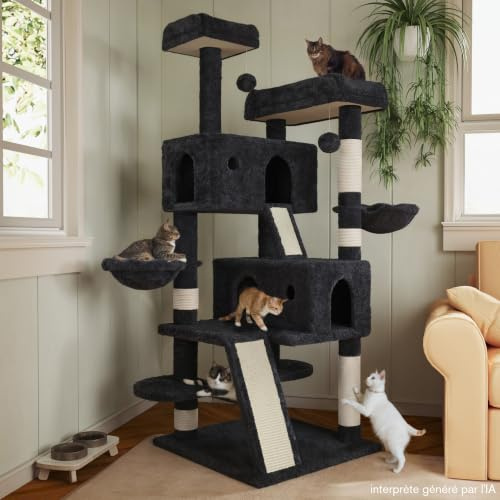 MUTICOR 168cm Großer Kratzbaum mit Mehreren Ebenen, für große Katzen, gemütliche Plüsch-Sitzstangen, Sisal-Kratzbäume, Hängematte und Körbe, Spielhaus, breite Basis, Dunkelgrau