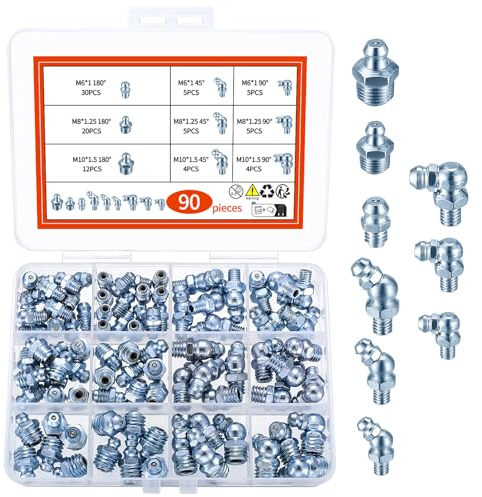 90 Pezzi Set di Ingrassatori, M6 M8 M10 Testine Ingrassatori Grasso Raccordo Assortimento, Raccordo per Ingrassatore in Metallo ad Dritto e Angolato 45 ° 90 ° 180 °, Ingrassatore Idraulico