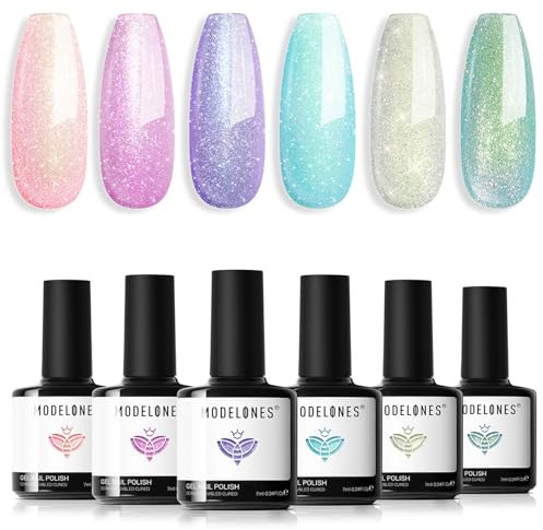 Modelones 6 Colors Pastel Gel Polish Set, Glitter Gel Nail Polish Set, Soak Off, Blue Purple Nail Gel, Nail Art DIY Manicure Salon and Home for Women