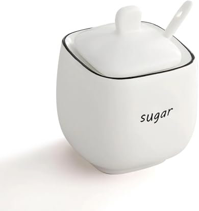 maryeadecoor Zuccheriera con coperchio e cucchiaio, dispenser in ceramica per caffè, bar, cucina, bancone, sale e spezie, colore bianco
