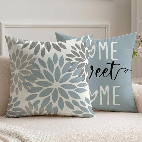 Vorysum 2er Set Kissenbezug 40x40 cm Blau Dahlien Outdoor Kissen Modern Kissenbezüge Blumen Dekorative Sofakissen Samt Optik für Garten Sofa Wohnzimmer Bett Doppelseitiges Muster