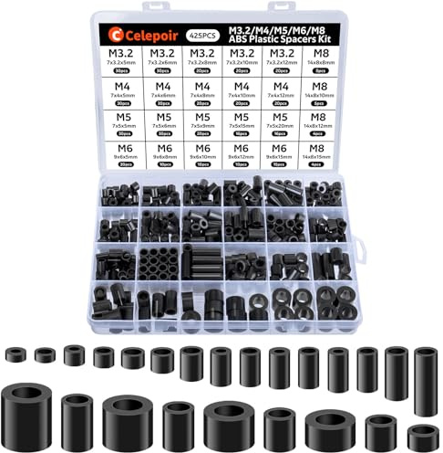 Celepoir 425 Stycken ABS Distanshållare Plast Svart 24 Storlekar, Distanshylsor M3 M4 M5 M6 M8, Distanshylsor Plast, Isolering Distanshållare, Distansskruvar för Sammanfogning av Kretskort