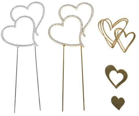 4 Stück Hochzeitstorte Topper Set, Doppelherz Legierung Strass Kristall und Acryl Gold Herz Cake Topper, Tortenaufsatz für Hochzeit, Jubiläum, Geburtstag, Party Dekoration - Silber, Gold