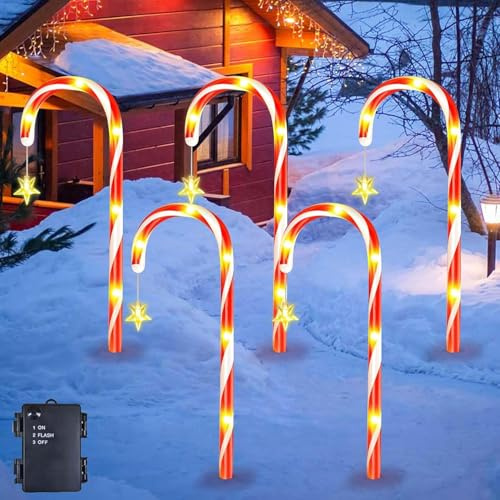 5 Stück Acryl Weihnachtsbeleuchtung Außen,LED Zuckerstangen Weihnachtsbeleuchtung,Weihnachtsdeko Outdoor,LED Gartenstecker Weihnachten,Wasserdicht Batterie,Weihnachtsdeko Aussen für Garten,Bäume