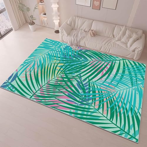 ZCLRUG Palm Leaf Washable Area Rug for Bedroom, 70 x 140 cm tropical plant Rug, Soft Non-Slip Non-Shedding Modern abstract style Cyan Green light pink Floor mat for Bathroom Laundry Room Carpet