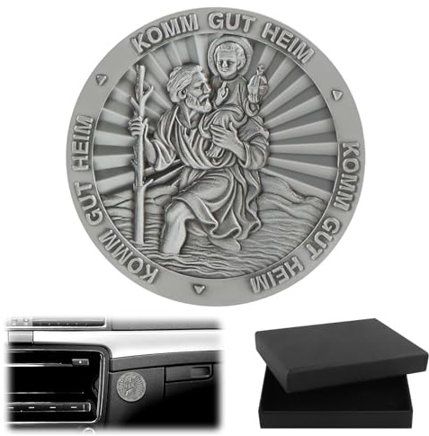 DXLing Medaglia Auto San Cristoforo Magnetica Ø 45 mm – Benedizione Gut HEIM KOMM con Magnete e Adesivi su Entrambi – Portafortuna Auto Protezione Guida Accessorio per Viaggi Sicuri