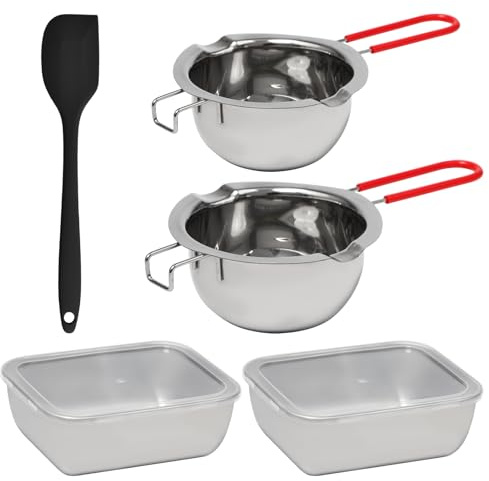 Pilikoll 2 Pezzi Bagnomaria in Acciaio Inox con 1 Raschietto Silicone, 2 Contenitore con Coperchio Cioccolato Ciotola di Fusione per Cioccolato, Zucchero, Burro, Formaggio, Caramello(480ml+600ml)