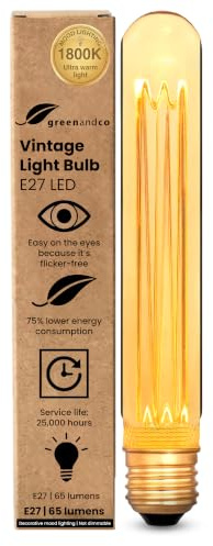 greenandco Vintage Design LED Birne zur Stimmungsbeleuchtung | E27 T30 | gold | 2W 65lm | 1800K extra warmweiß | 320° | 230V | flimmerfrei | nicht dimmbar | Edison Glühbirne