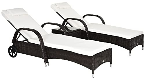 Outsunny Sonnenliege Gartenliege Tisch 3er-Set Gartenmöbel, Polyrattan+Metall Braun+Cremeweiß