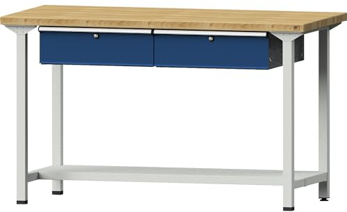 ANKE | Werkbank | Gestellbauweise Serie V | 2 Schubladen | 1 Ablageboden | Breite 1500 mm | Buchemassivplatte | Höhe 890 mm