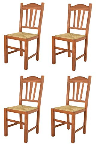 Tommychairs - Set 4 sillas Silvana para Cocina y Comedor, Estructura en Madera de Haya Color Cerezo y Asiento en Paja