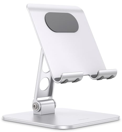 OMOTON Aluminium Tablet Ständer, Faltbare Tablet Ständer Halterung Tisch Halter mit Stabiler Metallbasis für alle iPad/iPad Pro/Tablets bis 13 Zoll, Silber