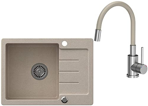 VBChome Spülbecken mit Armatur 60 x 44 cm Einzelbecken Beige Granit Rechteckig Reversibel Einbauspüle Gesprenkelt Großes Tiefes Becken Siphon Armatur Unterschranke ab 50 cm
