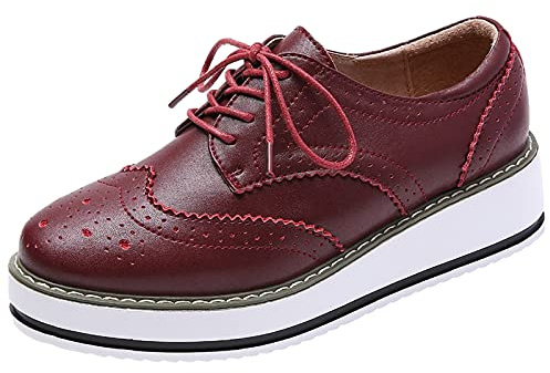 ANUFER Dam snörsko brogues plattform Creepers casual sneakers skor, Vinröd, 38.5 EU