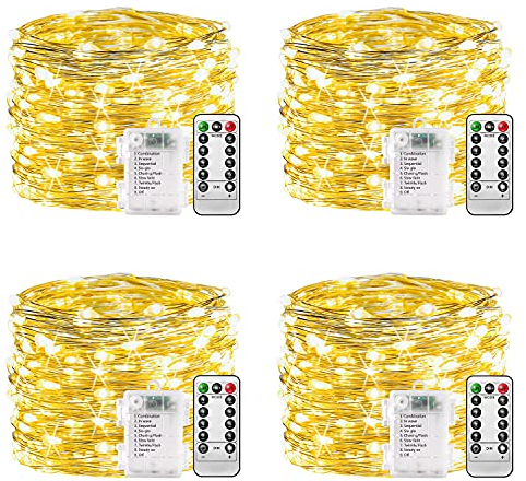plainshe Lichterkette Batterie - 4 Stück Warmweiß, 10m 100 LED Silberdraht Micro Lichterkette Außen Wasserdicht 8 Modi Fernbedienung Timer für Weihnachtsbaum Außen Innen Garten Hochzeit Balkon