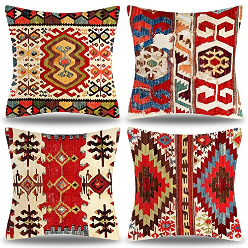 DecorMommt Kissenbezug 40x40 Muster 4er Set Zierkissen Bunte Rote Stammes Deko Kissen Wohnzimmer Schlafzimmer Garten Outdoor Couch Böhmen Kissen Kissenbezüge Persischer Teppich Stil