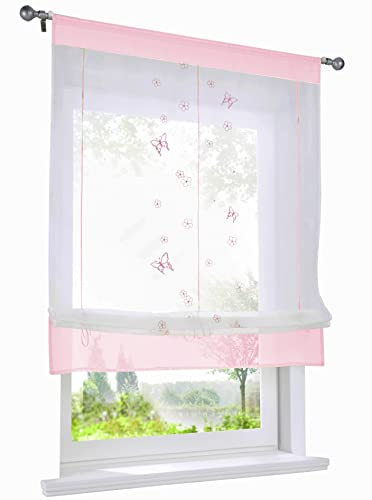 Raffrollo mit Schmetterling Bestickt Gardine Tunnelzug Transparent Voile Vorhang (BxH 100x140cm, Pink)