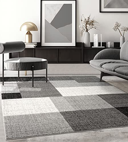 the carpet Pearl Moderner Dichter Kurzflor Wohnzimmer Schlafzimmer Teppich, Konturenschnitt, Geometrische Muster, Kariert, Grau, 160 x 220 cm