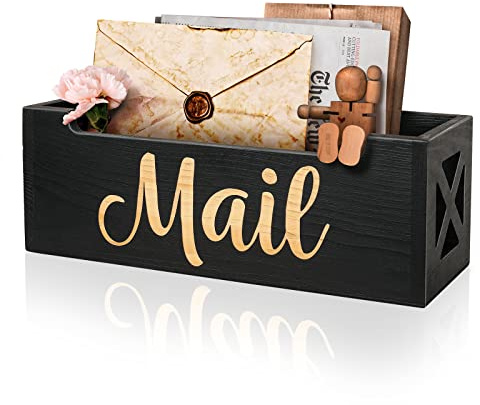 Mail Organizer Mail Holder Countertop, Rustic Wooden Mail Basket Mail Tray Letter Holder Box for Desk Home Office Wall Mount