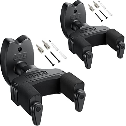 Donner Paquete de 2 colgadores de pared para guitarra con bloqueo automático para guitarra eléctrica acústica, bajo y mandolina, negro